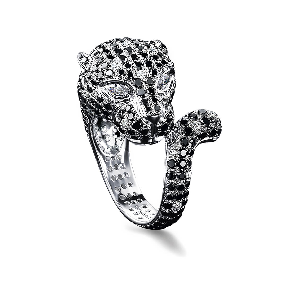 Black and White Diamond Panther Ring In 18K White Gold 3D View