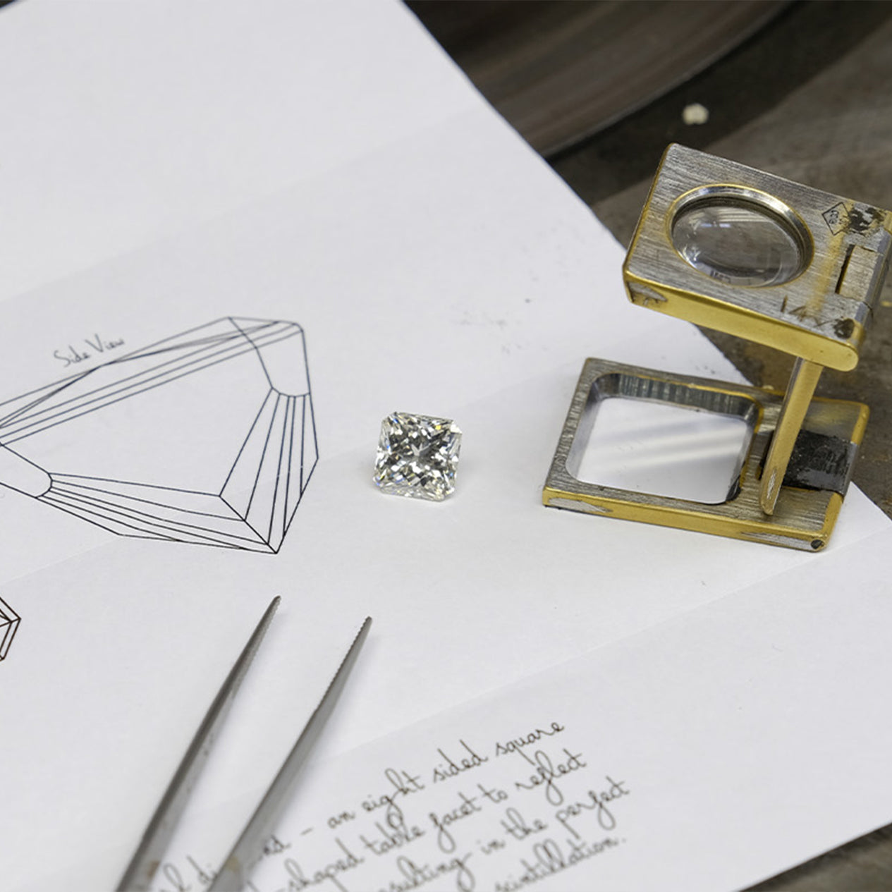Shimansky Jewellery Drawing of a diamond cut with microscope and inspection tool