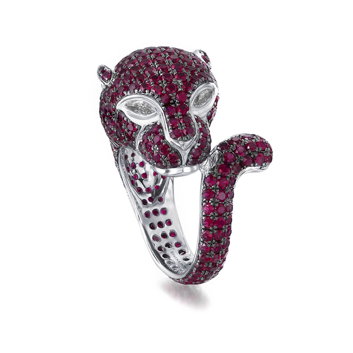 Ruby and Diamond Panther Ring in 18K White Gold 3D View