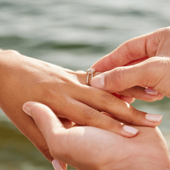 Man placing a Shimansky Wedding Ring onto his wifes finger