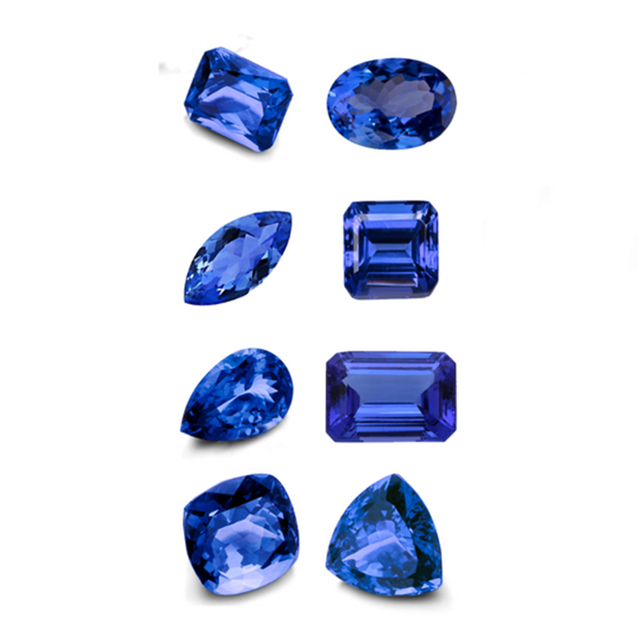 Various types of Tanzanite shapes and cuts on a white background