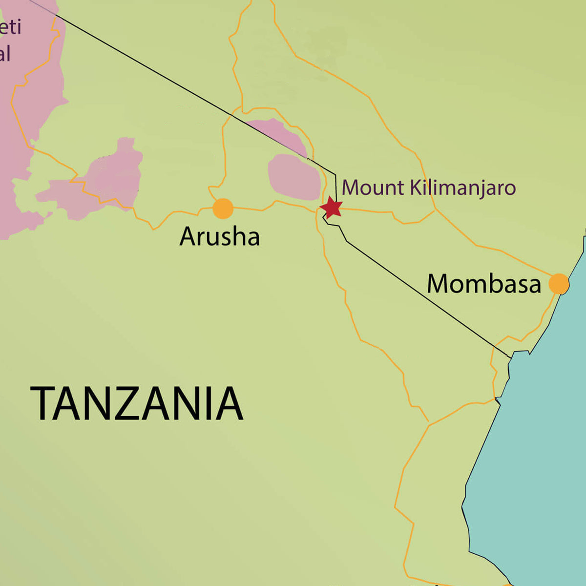 Close up map of Tanzania with Arusha and Mombassa with Mount Kilimanjaro.