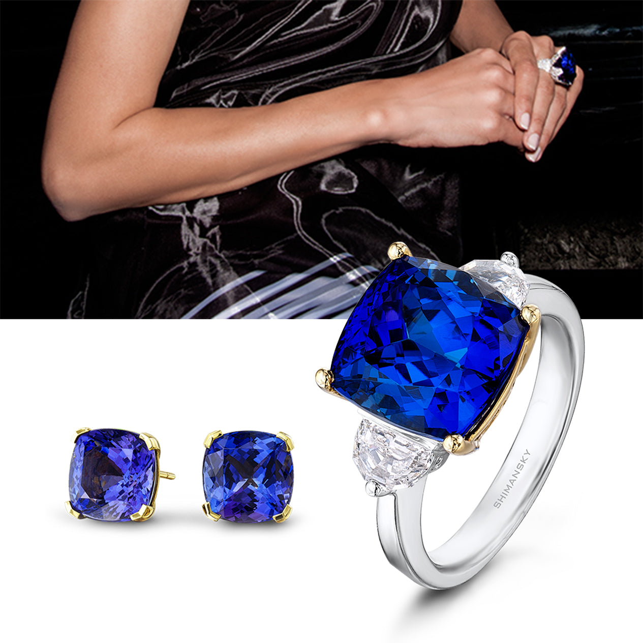 Exclusive Shimansky Tanzanite and Diamond Earrings and Trilogy Ring