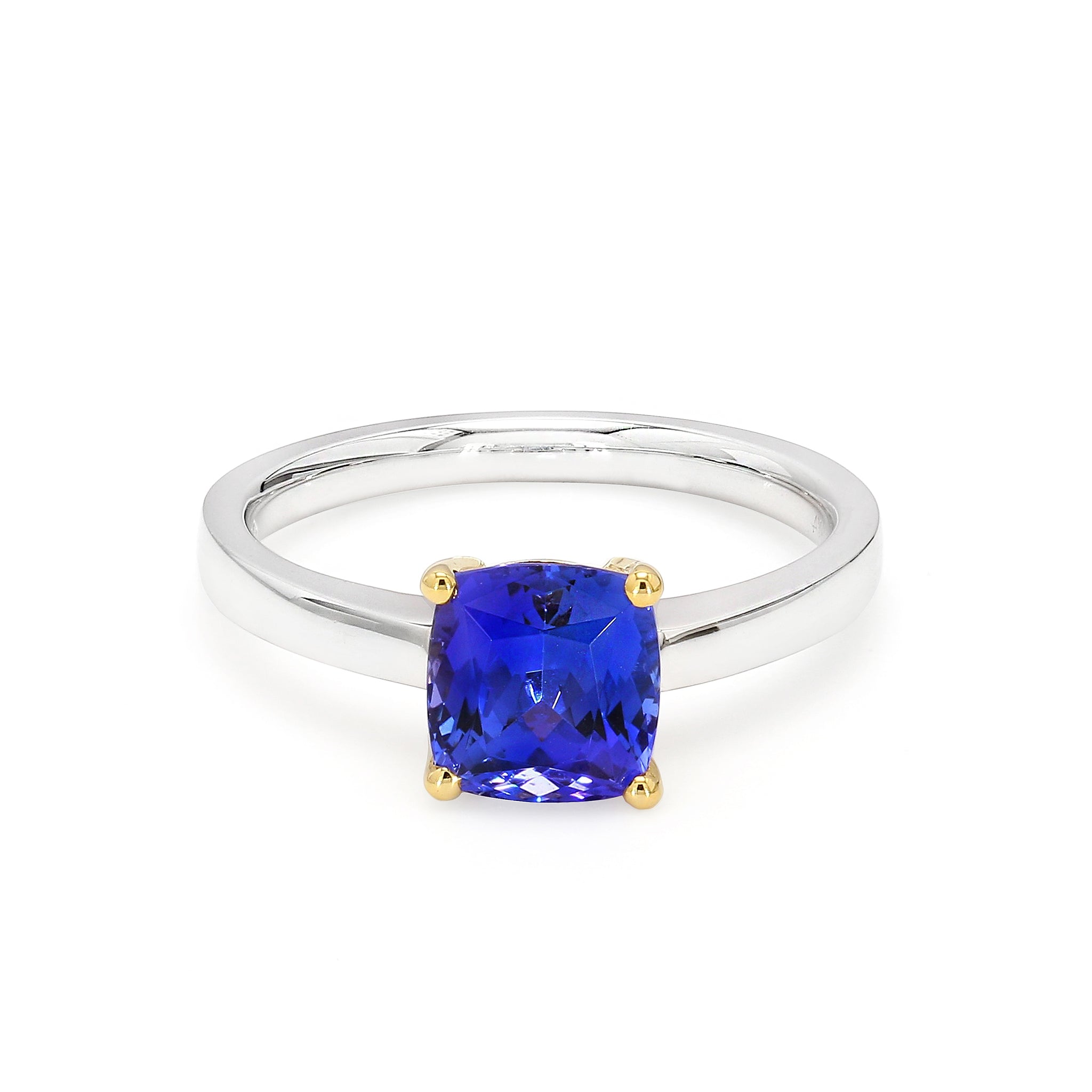 Tanzanite Cushion Cut Solitaire Ring 1.70ct crafted in 18K White and Yellow Gold