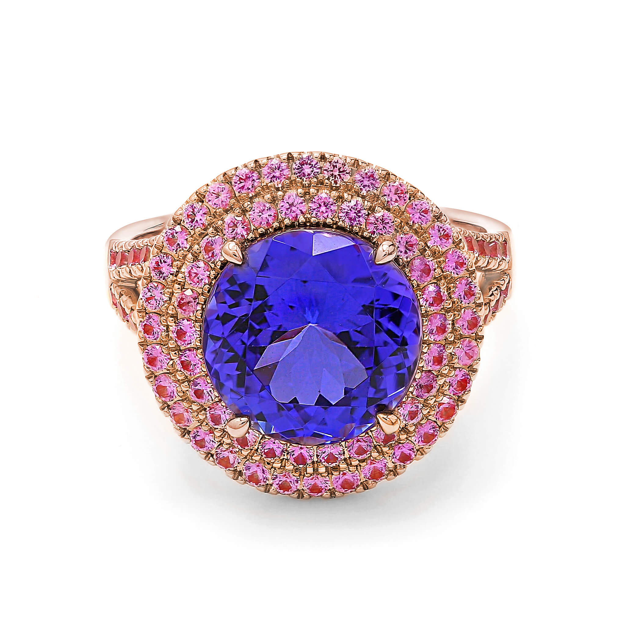 Shimansky - Tanzanite and Sapphire Double Microset Halo 5.00ct ring crafted in 18K Rose Gold