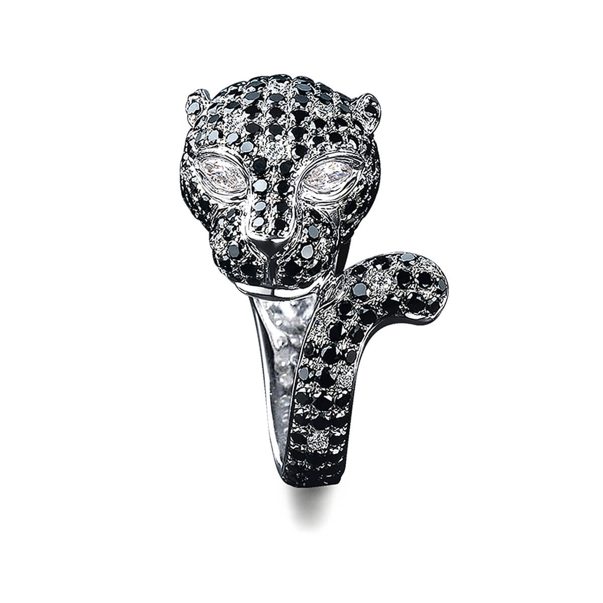 Black and White Diamond Panther Ring In 18K White Gold Front View