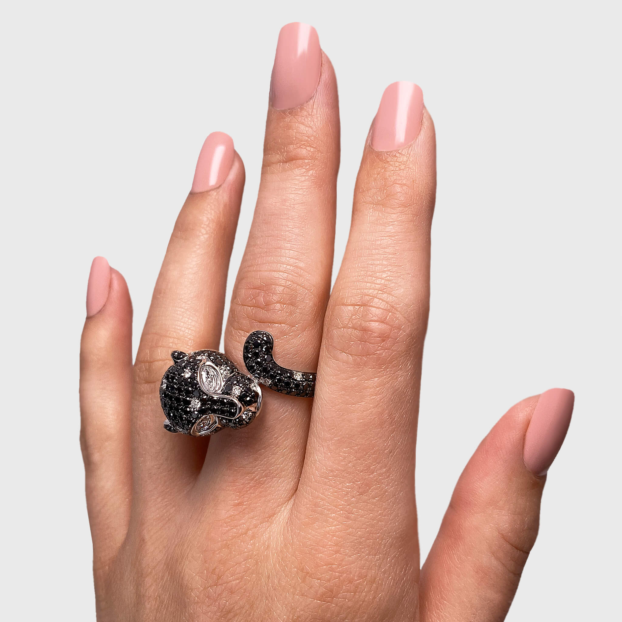 Black and White Diamond Panther Ring In 18K White Gold Hand View