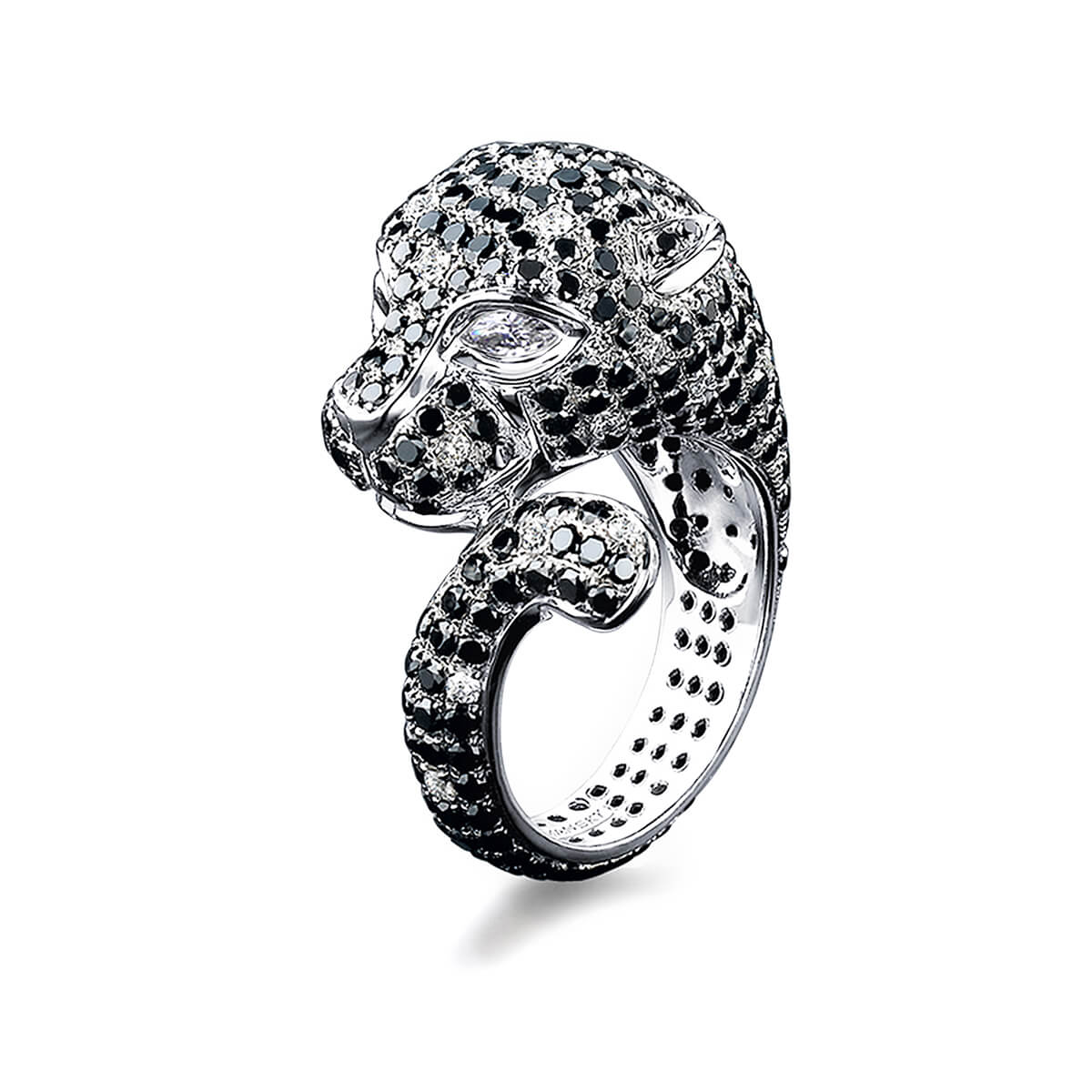 Black and White Diamond Panther Ring In 18K White Gold Profile View