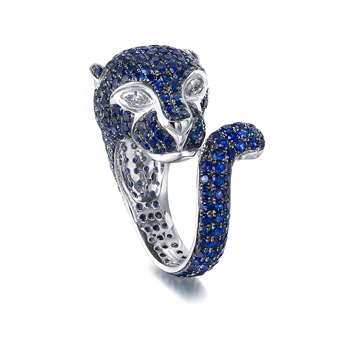 Blue Sapphire and Diamond Panther Ring in 18K White Gold 3D View