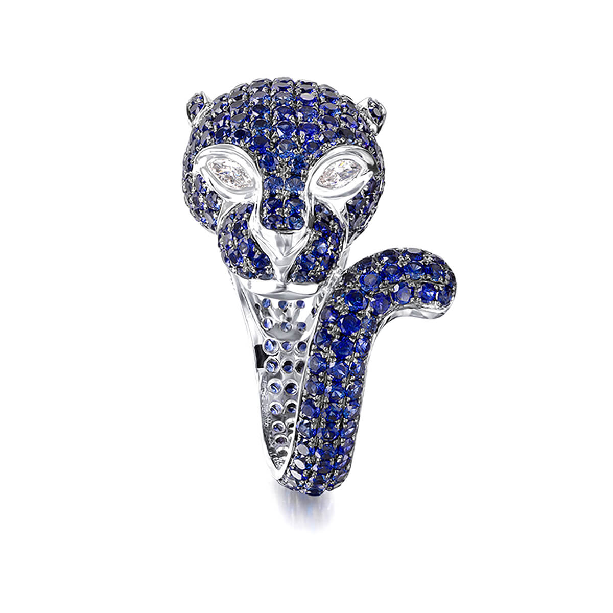 Blue Sapphire and Diamond Panther Ring in 18K White Gold Front View