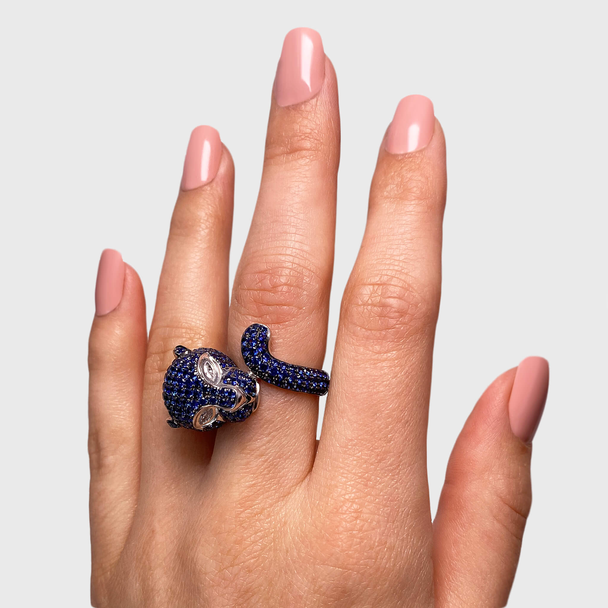 Blue Sapphire and Diamond Panther Ring in 18K White Gold Hand View