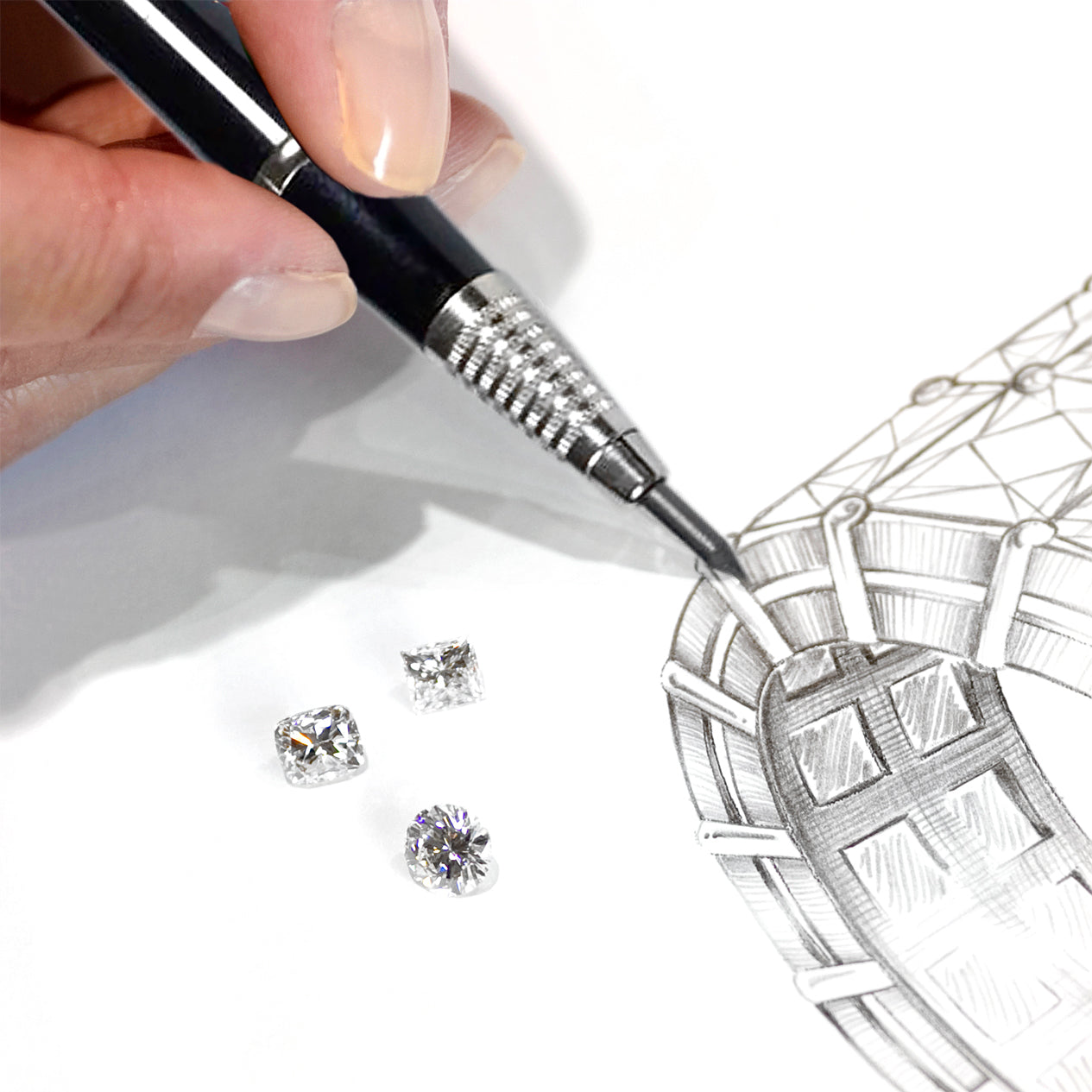 A detailed design drawing of a ring and some loose diamonds