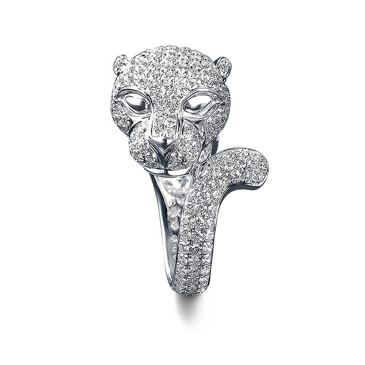 Diamond Panther Ring In 18K White Gold Front View