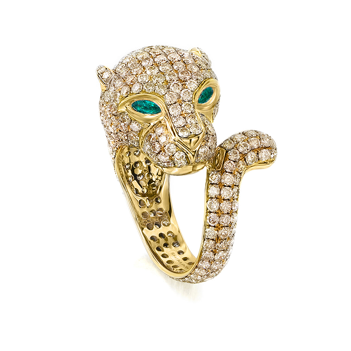 Diamond and Tsavorite Panther Ring In 18K Yellow Gold 3D View