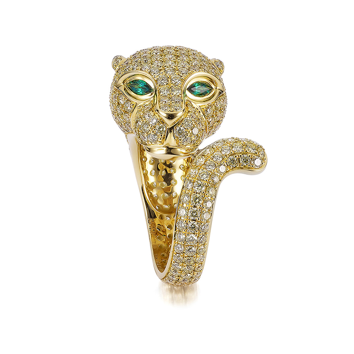 Diamond and Tsavorite Panther Ring In 18K Yellow Gold Front View