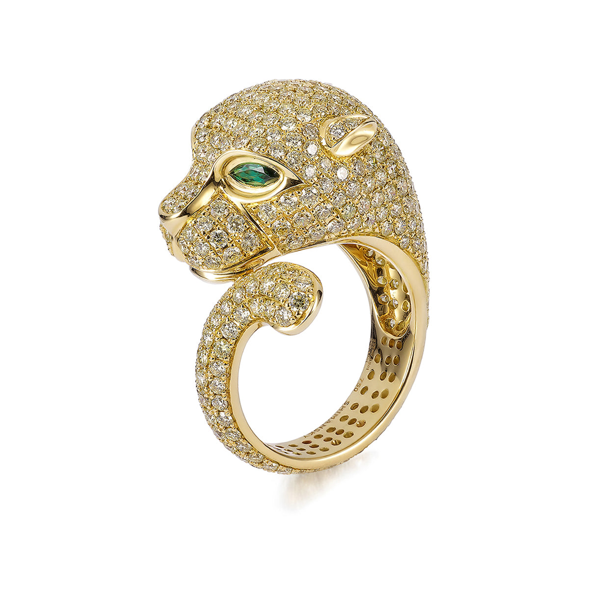 Diamond and Tsavorite Panther Ring In 18K Yellow Gold Profile View