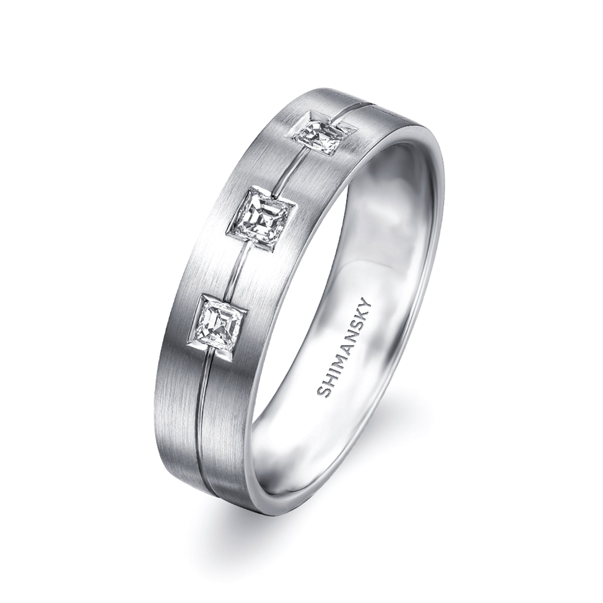 Shimansky - Max-Line Trio Square Diamond Grooved Wedding Band in Brushed Palladium
