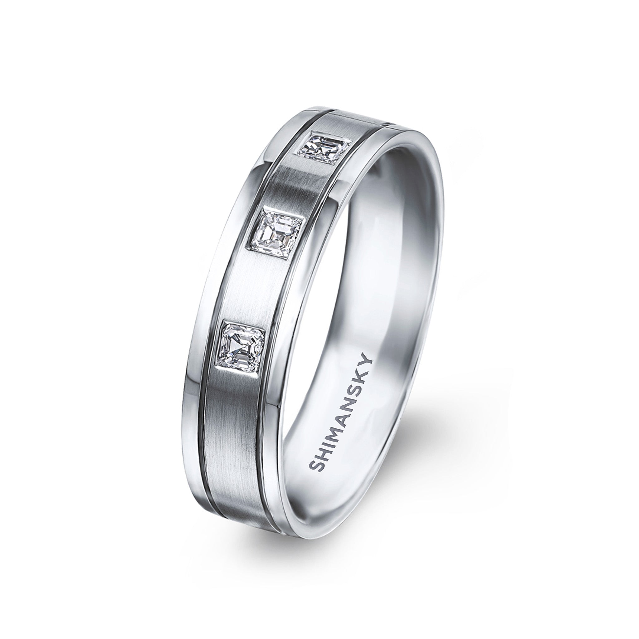 Shimansky - Max-Line Square Diamond Grooved Wedding Band in Brushed Palladium