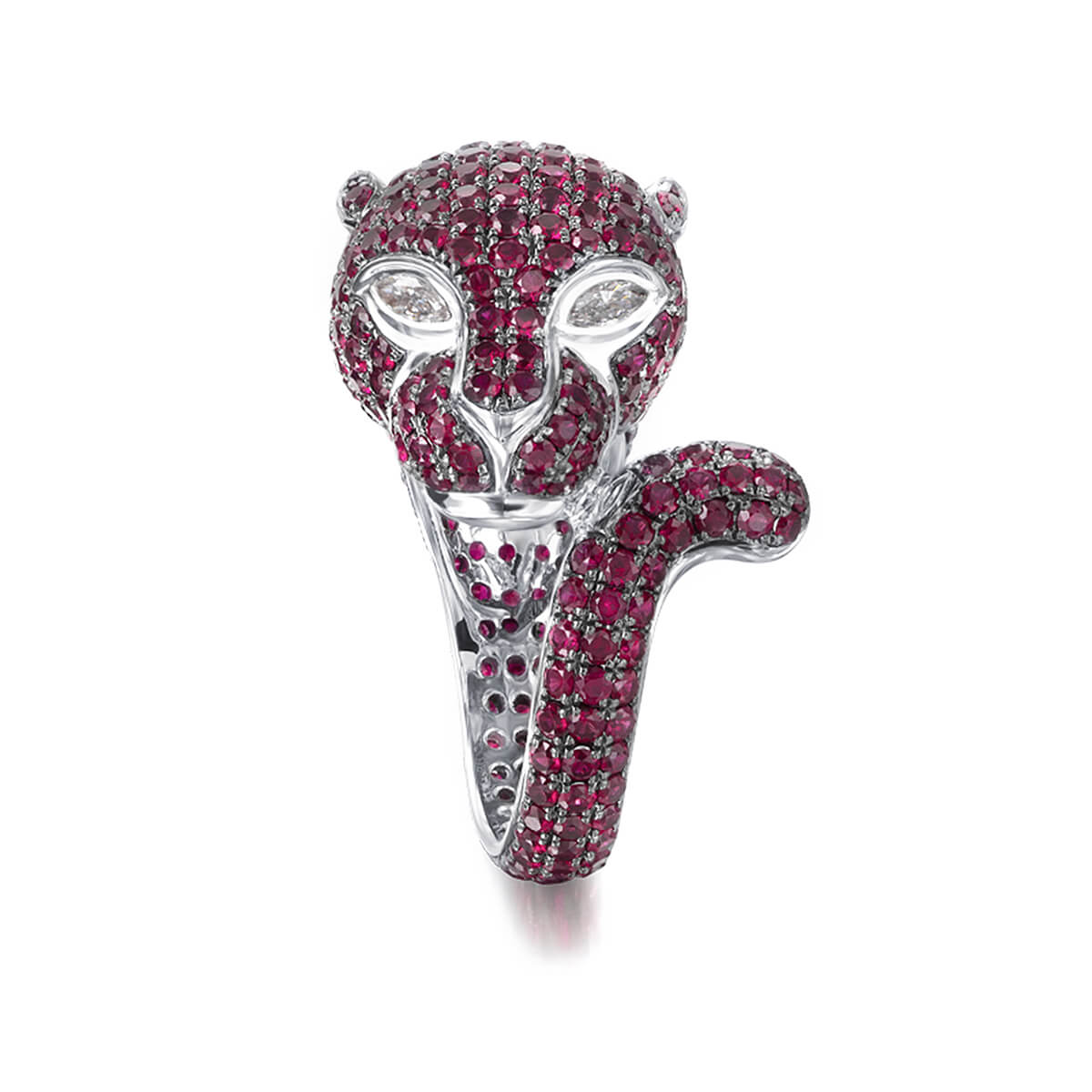 Ruby and Diamond Panther Ring in 18K White Gold Front View