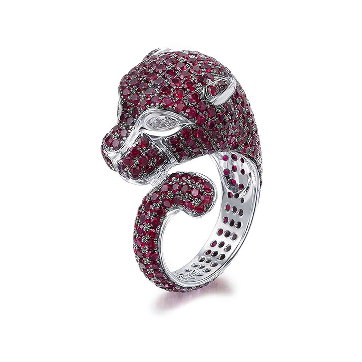 Ruby and Diamond Panther Ring in 18K White Gold Profile View