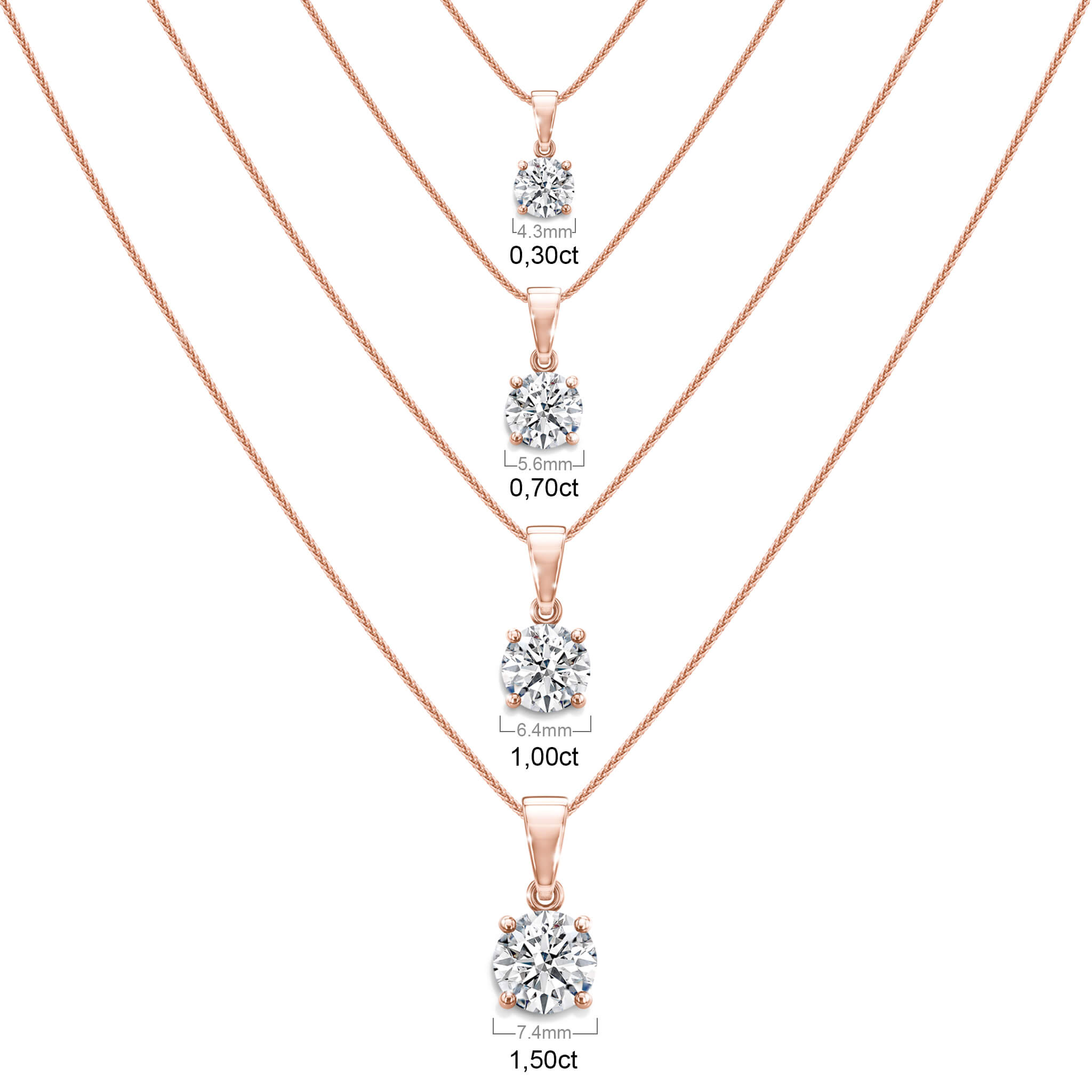 Shimansky - Women Wearing the 4 Claw Solitaire Diamond Pendant 1.00ct crafted in 18K Rose Gold - Size Chart