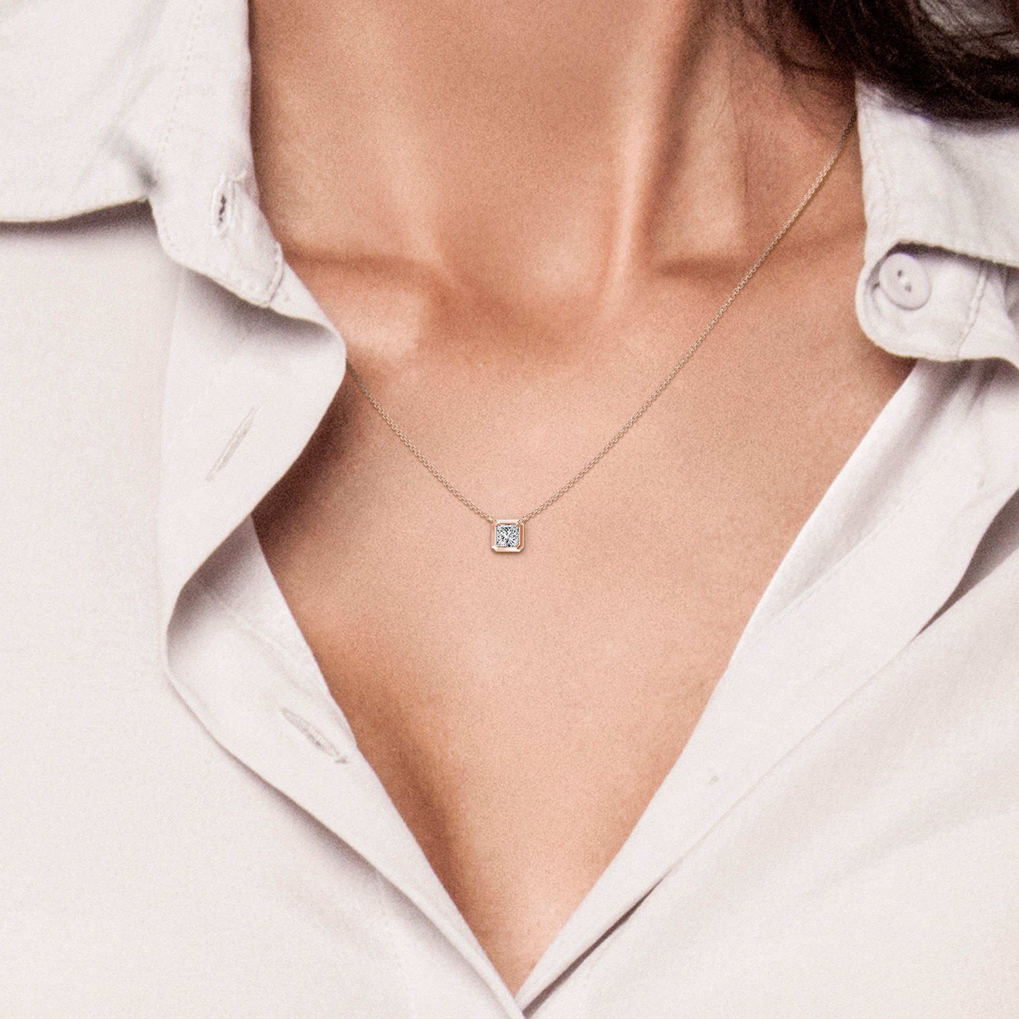 Shimansky - Women Wearing the My Girl Diamond Solitaire Tube Set Necklace 0.25ct in 18K Rose Gold