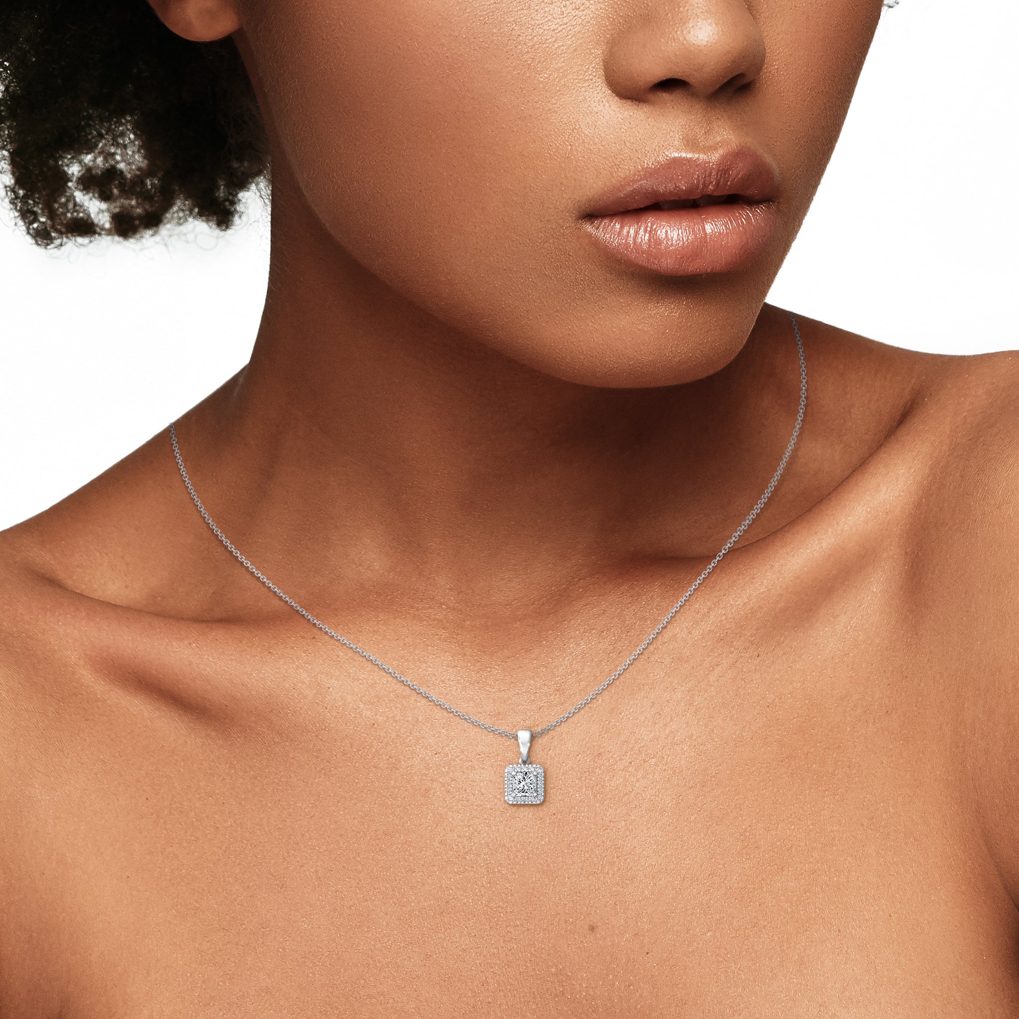 Shimansky - Women Wearing the My Girl Diamond Halo Pendant 0.30 Carat Crafted in 18K White Gold